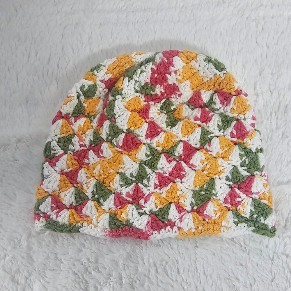 Crochet Beanie Skull Cap Pink Orange Winter Boho Retro Gorp Knit